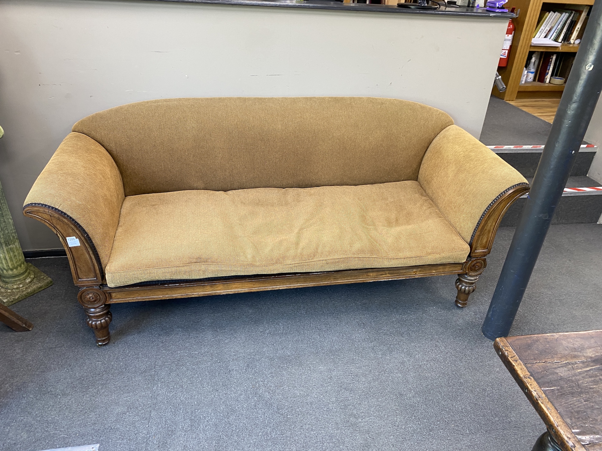 A William IV rosewood framed scroll end settee, width 214cm, depth 80cm, height 92cm